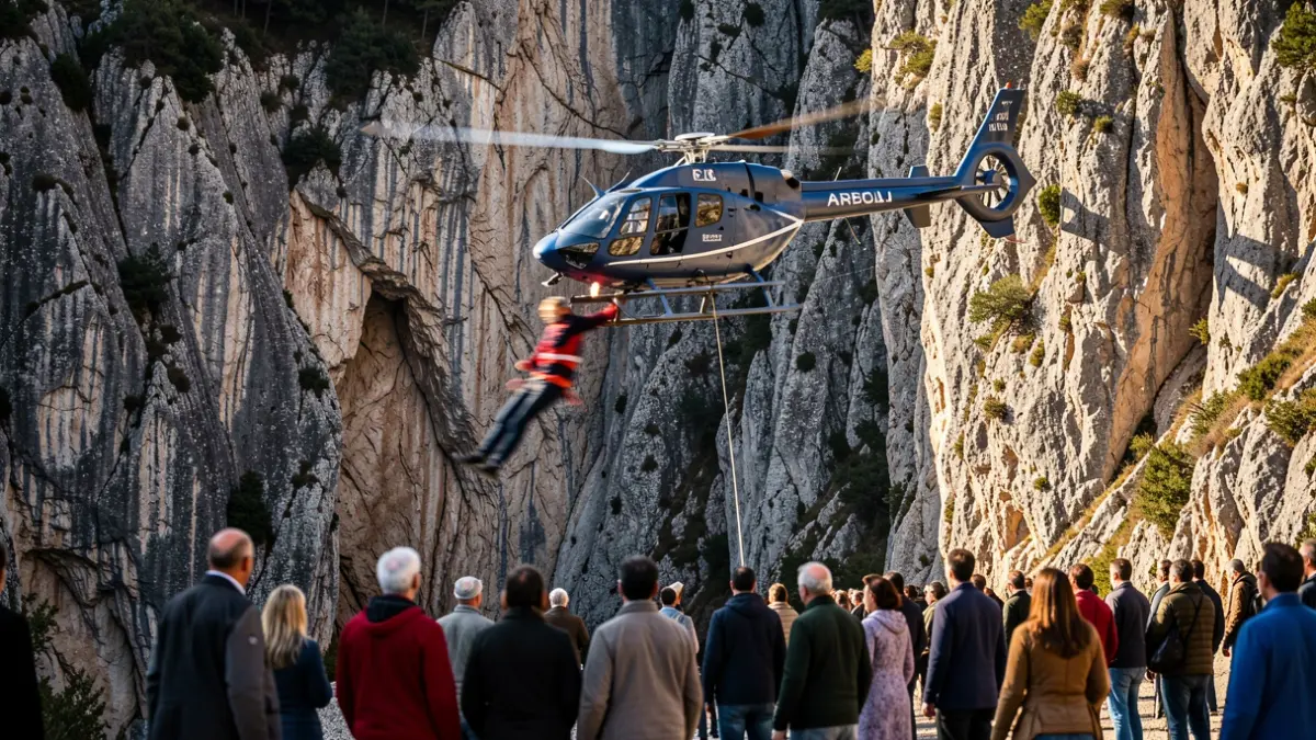 Rescue helicopter near a cliff in Arbolí during a rescue operation.