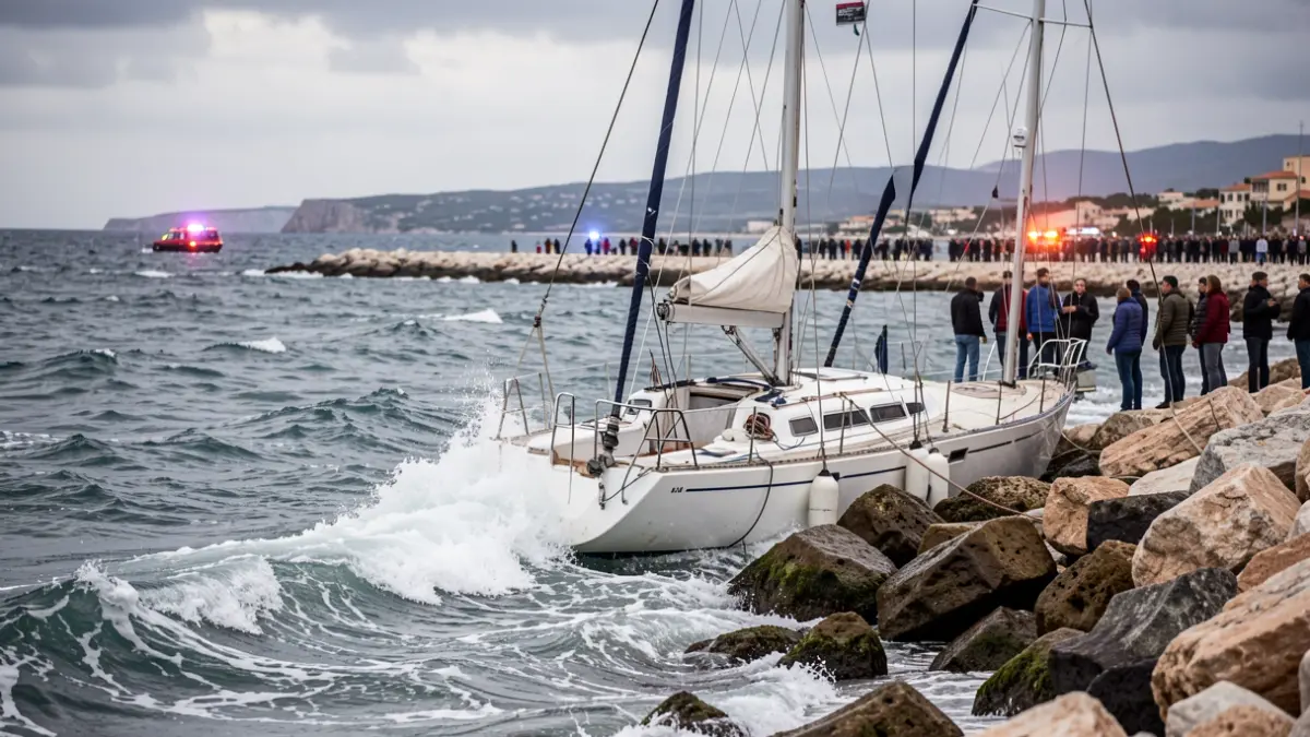 Un veler accidentat contra les roques a La Ràpita amb mala mar.
