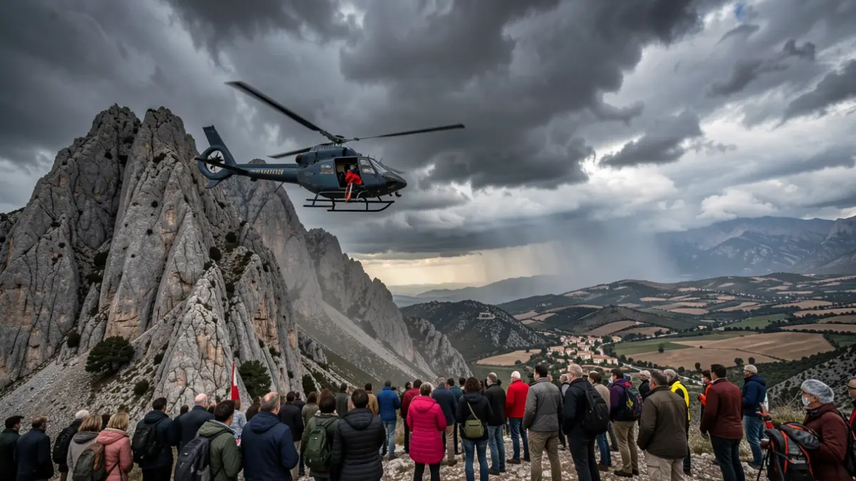 Rescue helicopter over stormy mountains in Catalonia.
