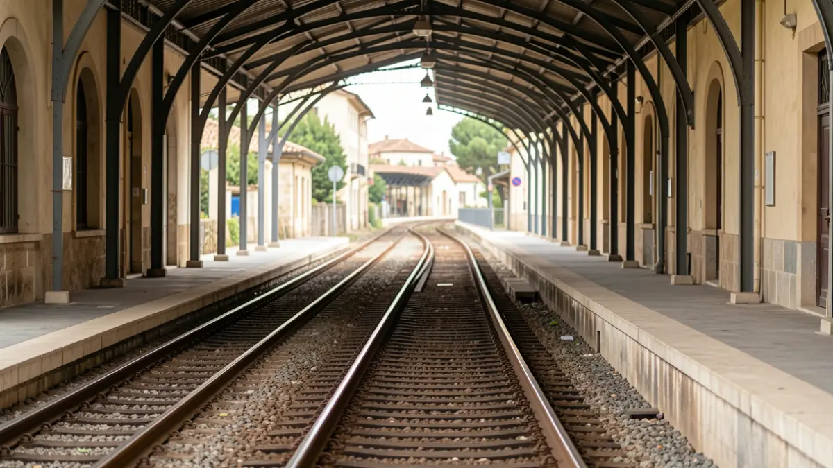 Generic image of an empty train station with tracks in the background.
