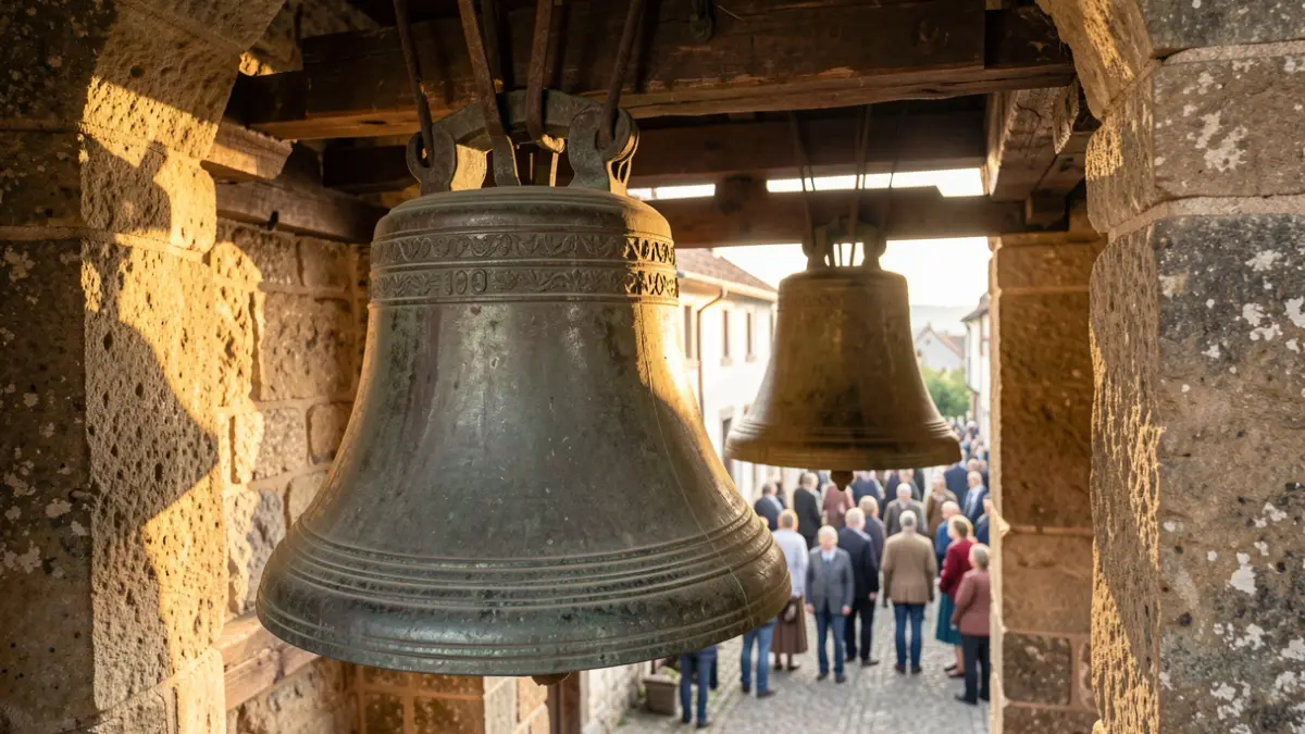 Dos campanas antiguas de bronce en un campanario de piedra con un yugo de madera.