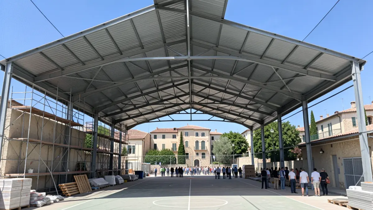 Obra d'una coberta metàl·lica sobre una pista poliesportiva exterior a Tortosa.