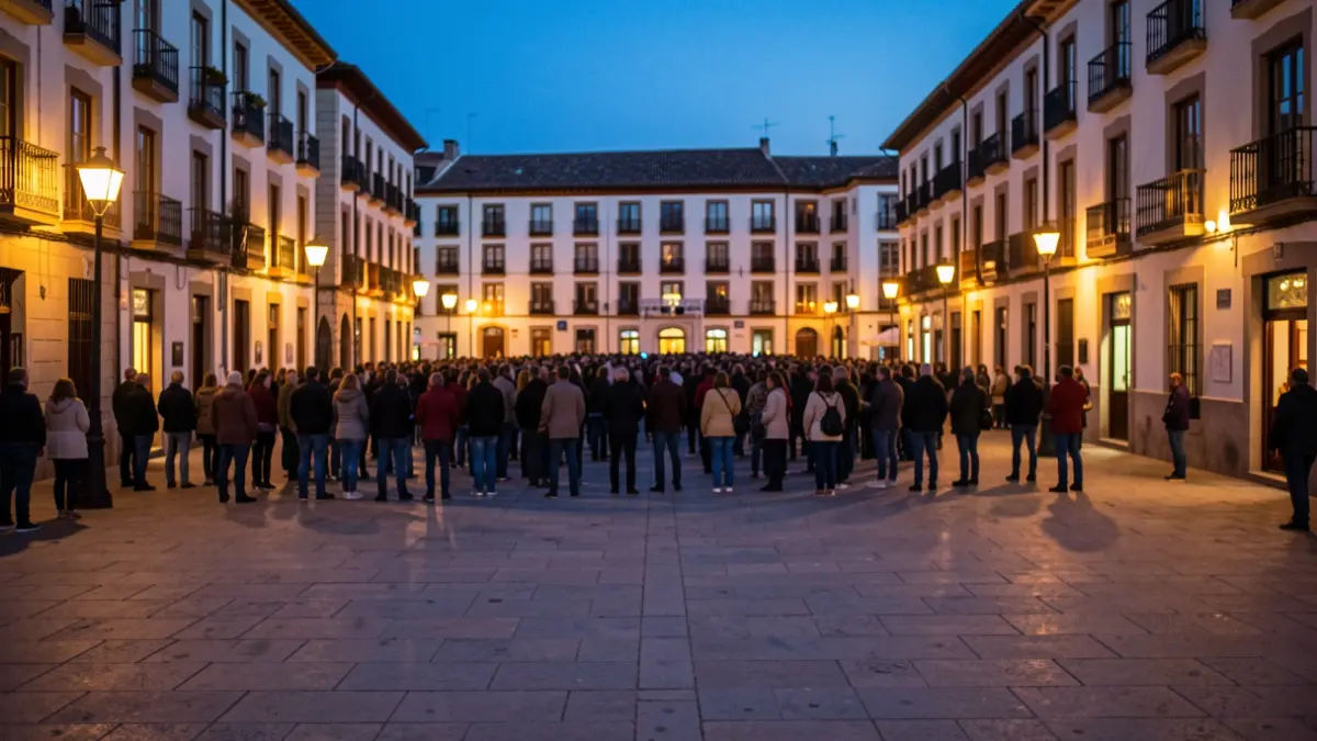 Vista genèrica d'una plaça de poble català al capvespre amb gent reunida.