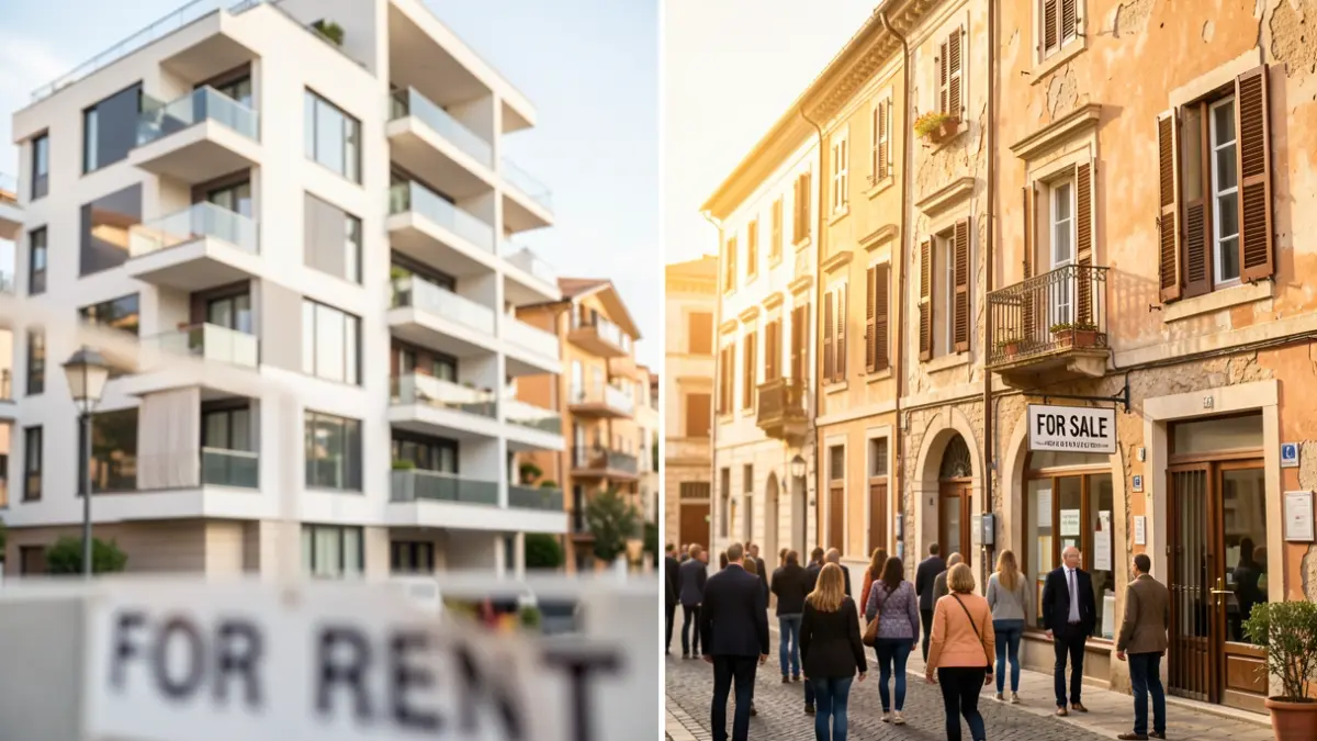 Imatge genèrica de la problemàtica de l'habitatge a Catalunya, amb edificis residencials i senyals de lloguer i venda.