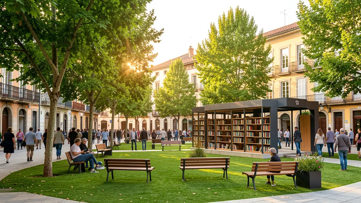 New green square in Reus in front of the Xavier Amorós Library, featuring an agora area and vegetation.