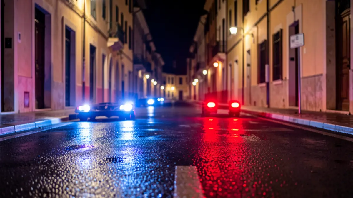 Imagen genérica de luces de emergencia policiales reflejándose en asfalto mojado.