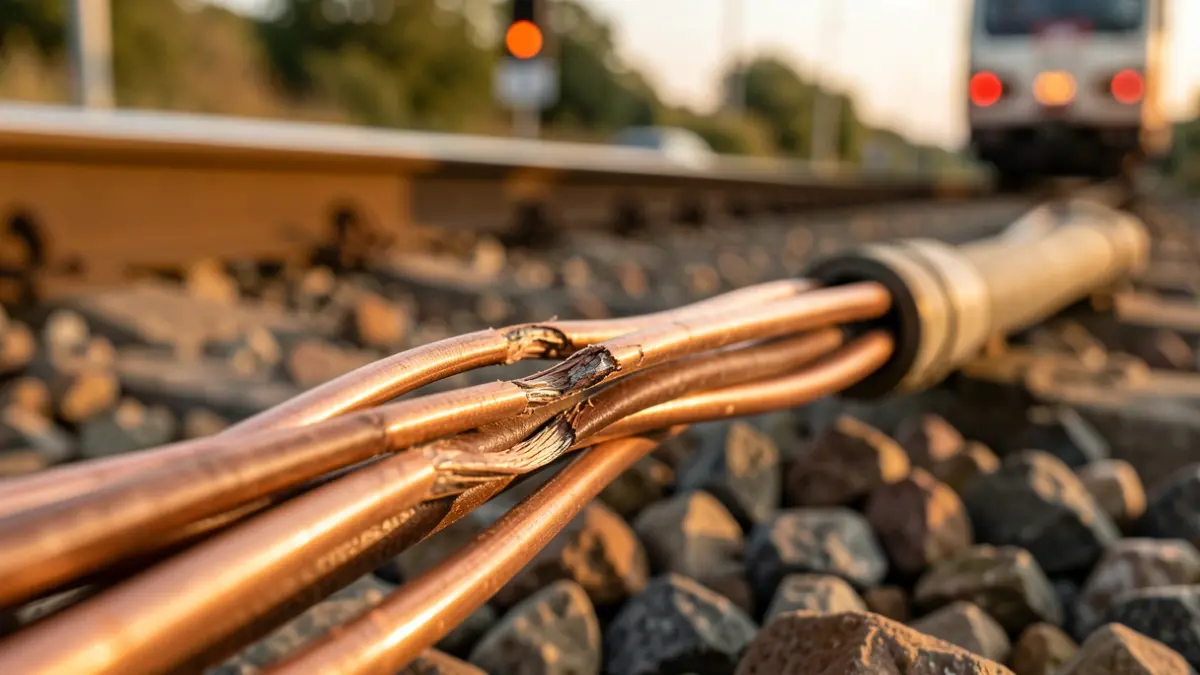 Stolen and damaged copper wiring on train tracks.