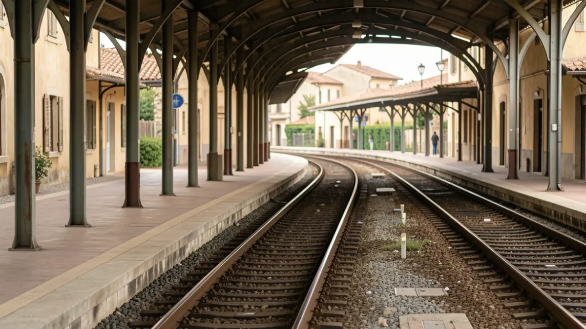 Andén vacío de estación de tren con vías que se pierden a lo lejos.