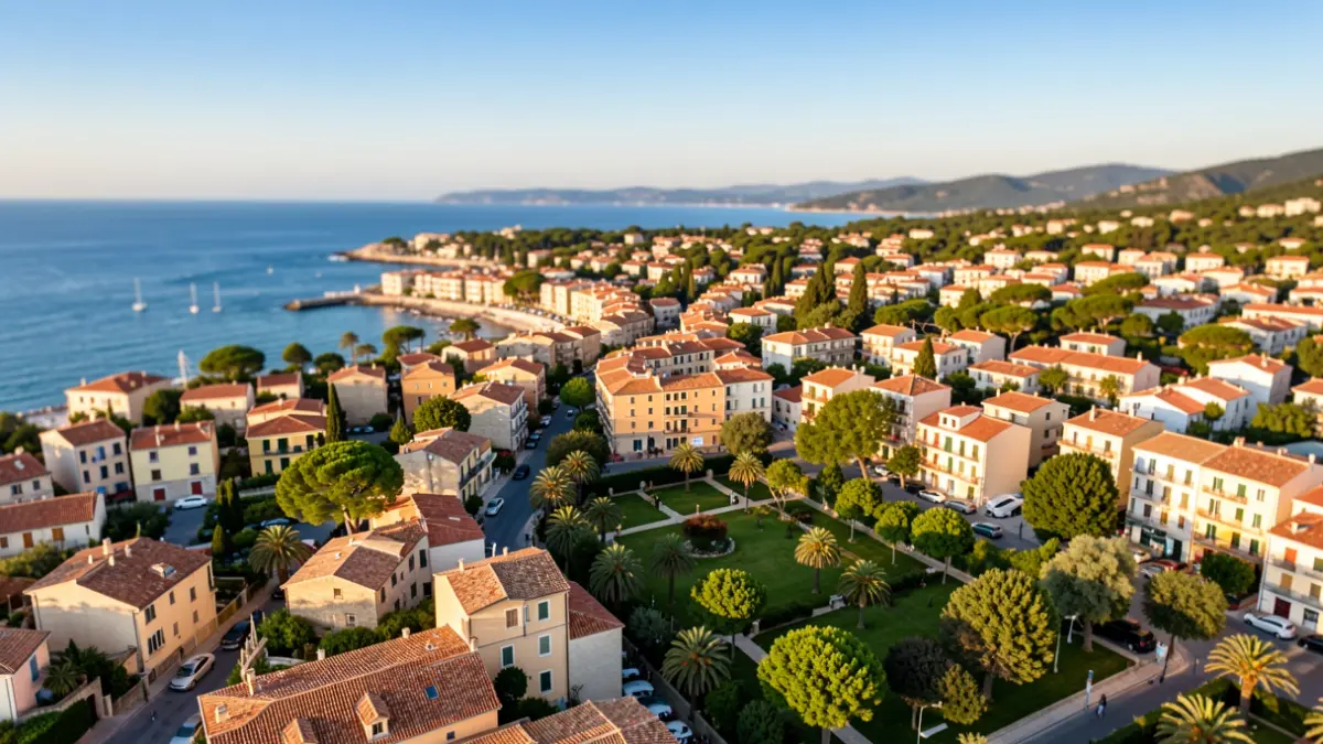 Vista aérea genérica de un municipio costero mediterráneo con diversidad de población.