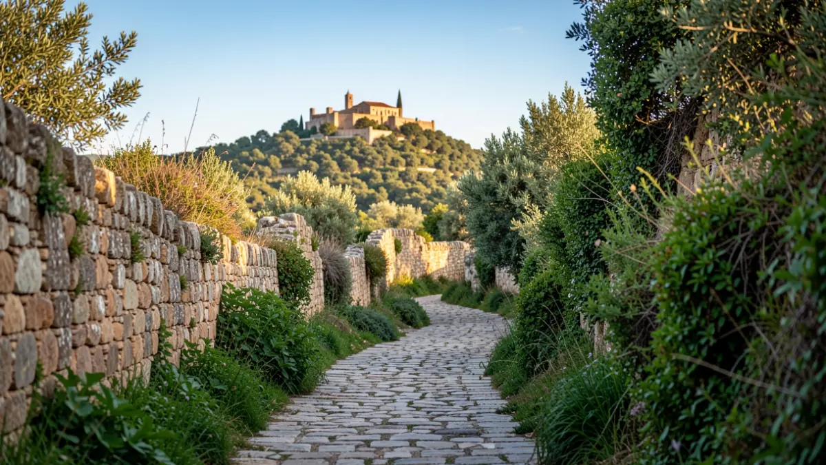Historic stone-paved path in l'Argentera with vegetation and Escornalbou castle in the background.