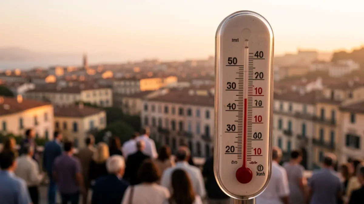 Termòmetre marcant una temperatura alta al capvespre a una ciutat mediterrània.