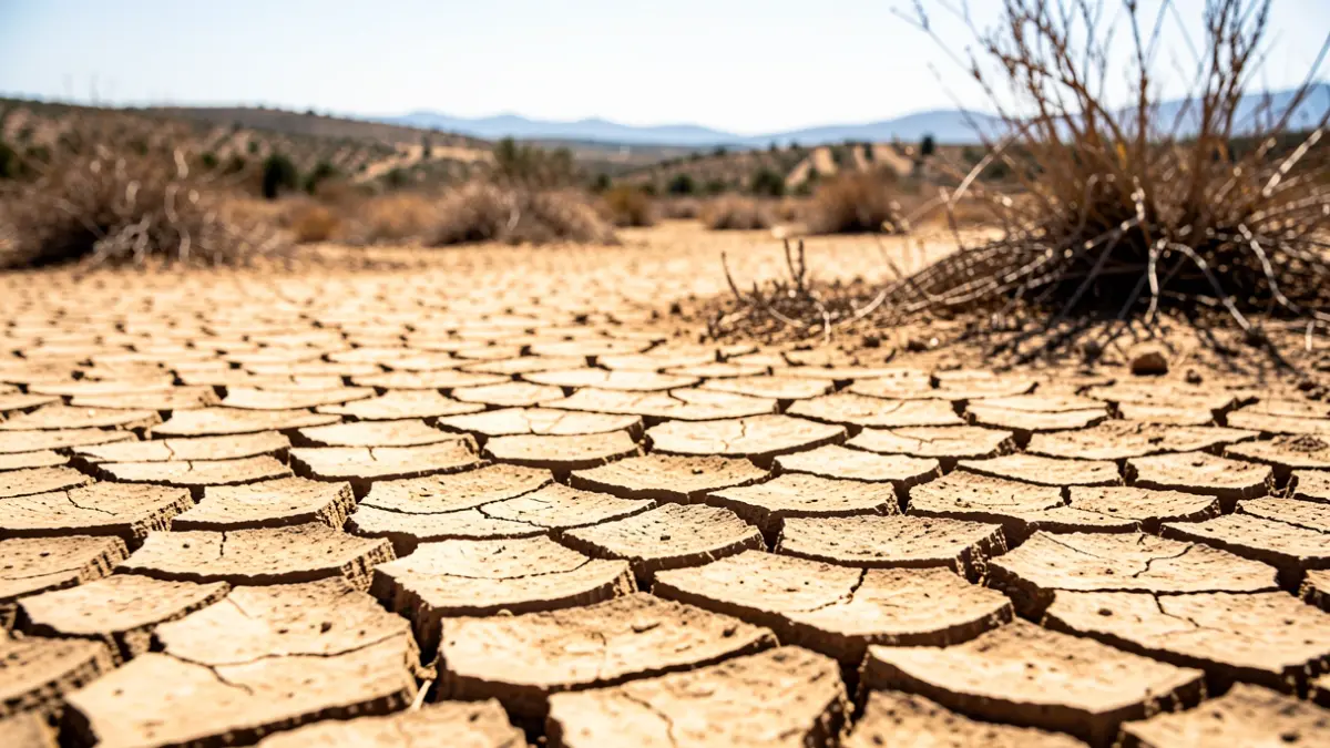 Dry, cracked earth under a harsh sun, symbolizing extreme heat and drought.