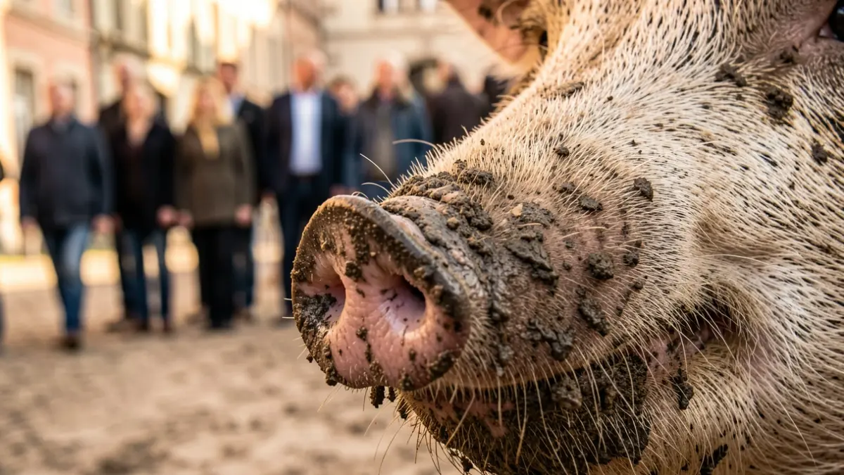 Primer pla d'un porc amb fang al nas, amb poca profunditat de camp.