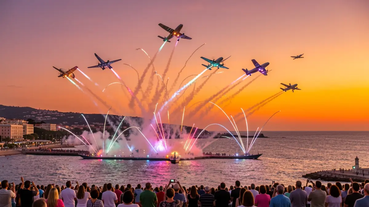 Espectacle aeri de la Festa al Cel a Salou amb avions acrobàtics i focs artificials.