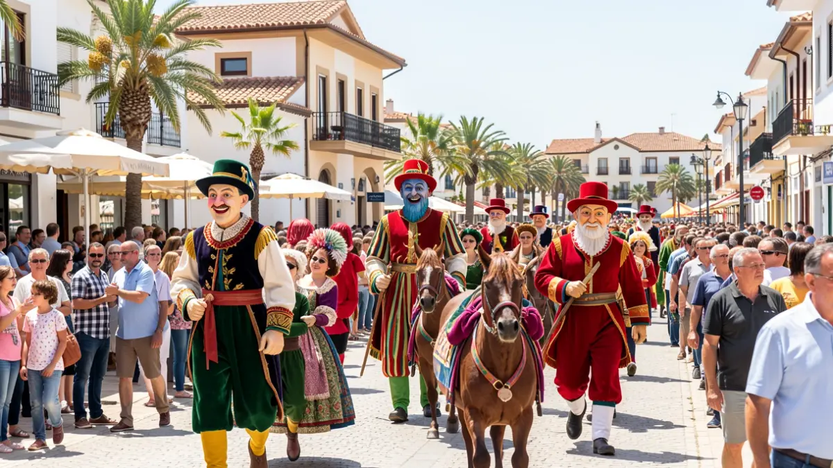 Giants and traditional festive elements parading along Passeig Jaume I in Salou during the Nits Daurades.