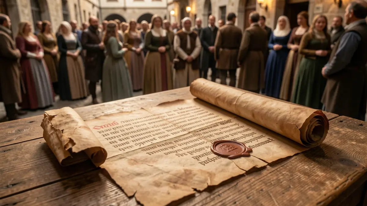 Documento antiguo con escritura medieval y sello de cera.