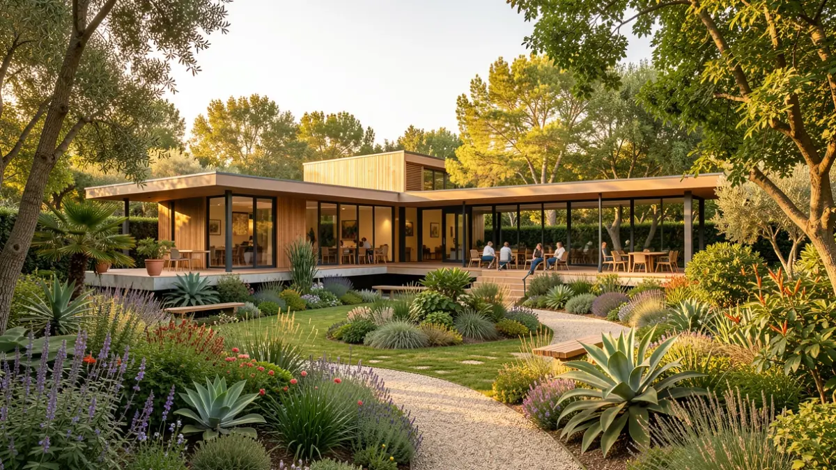 Generic image of a community center integrated into a botanical garden in Catalunya.
