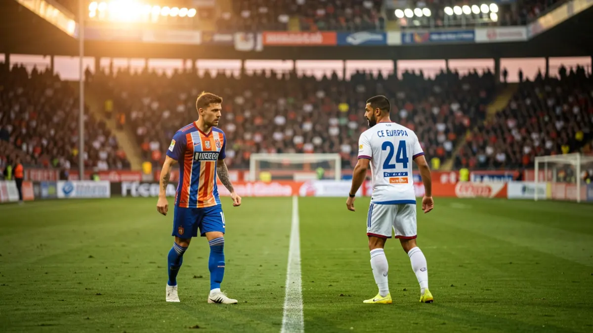 Imatge genèrica de dos equips de futbol preparant-se per a un partit en un estadi.