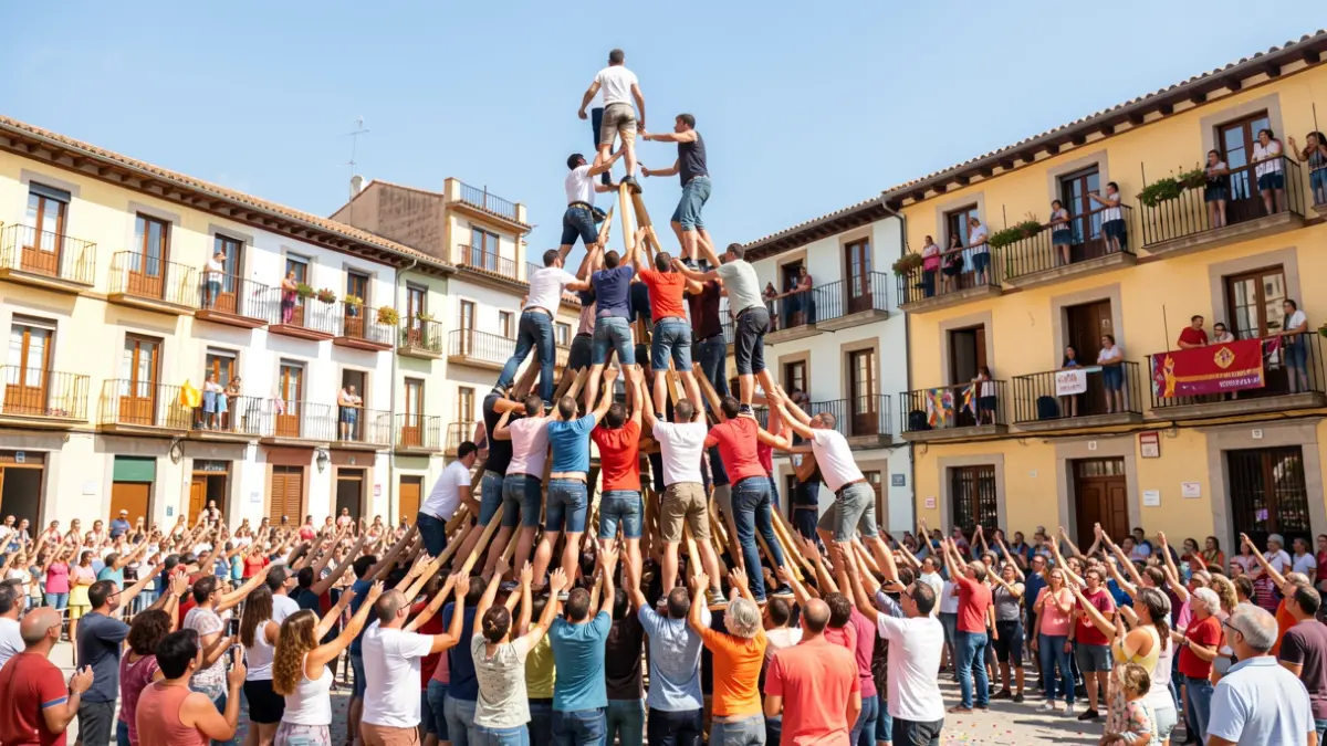 Imatge genèrica de castells construint-se en una plaça de poble català.