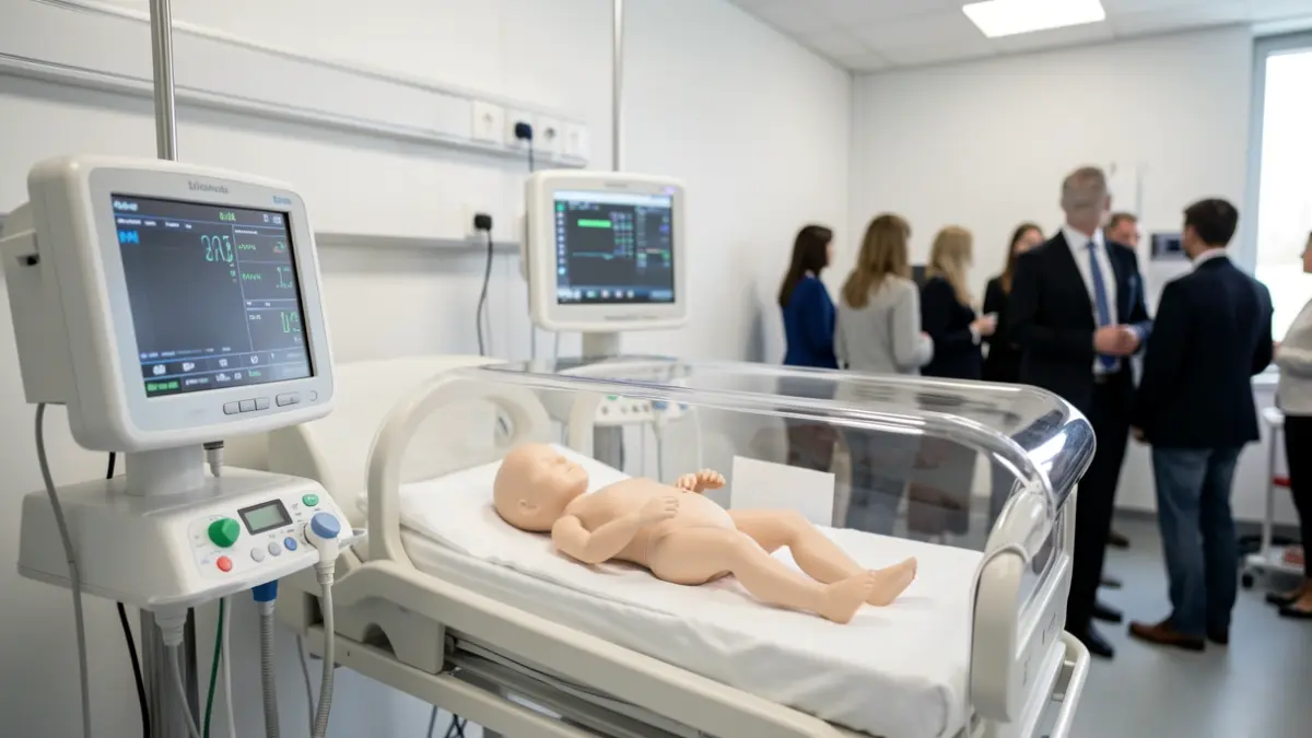 Habitació d'hospital amb incubadora i maniquí per a preparació de nadons prematurs.
