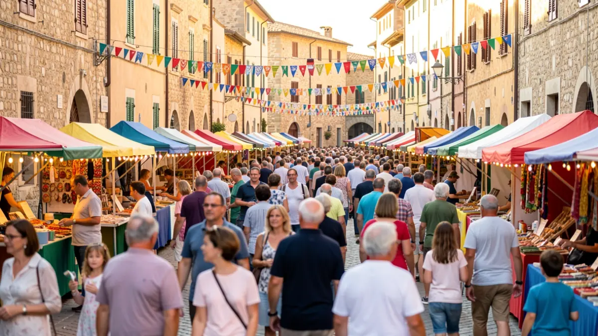 Generic image of a street solidarity fair with people and stalls.