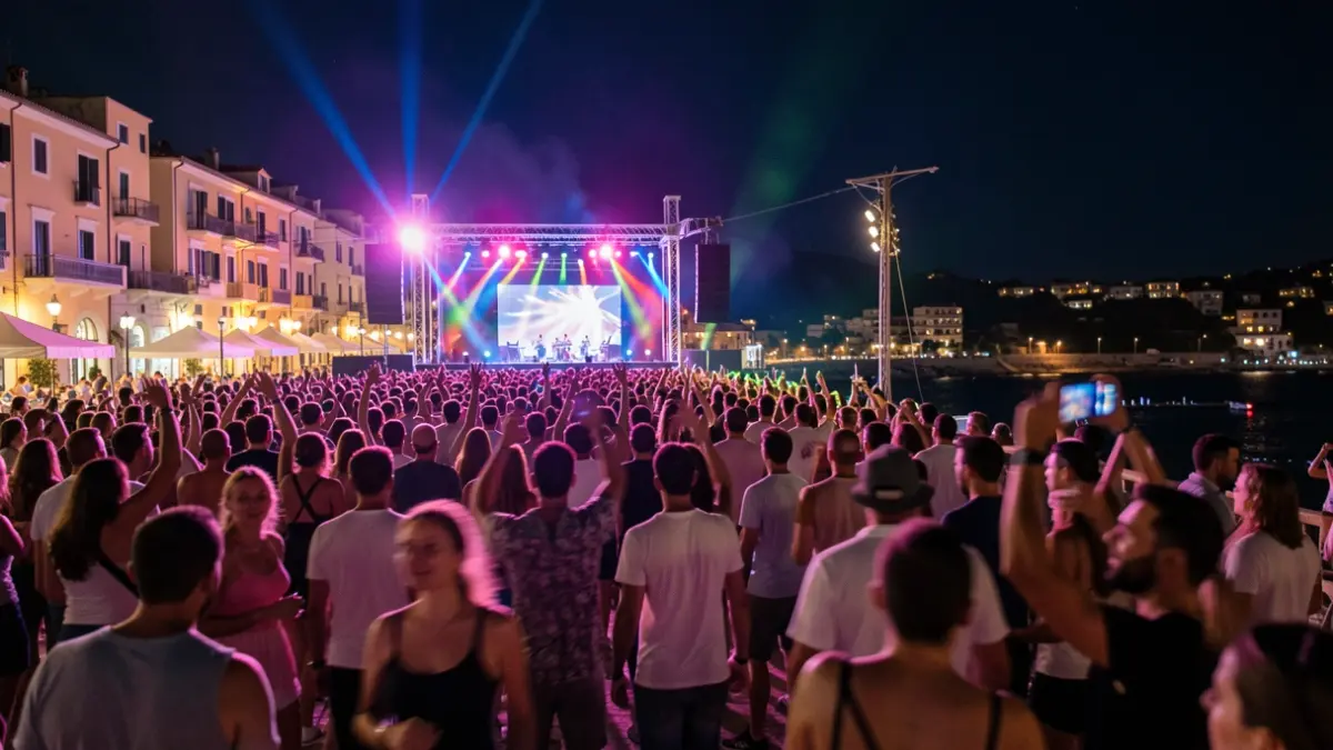 Imatge genèrica d'un festival de música electrònica a la nit amb llums i públic.