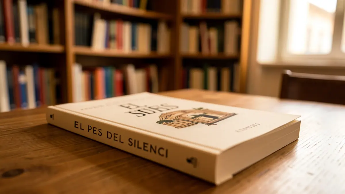 Image of a book titled 'El pes del silenci' on a wooden table, with bookshelves in the background.