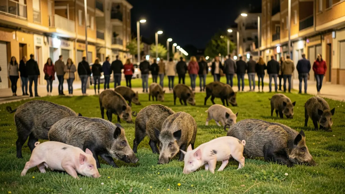 Dotzena de senglars, adults i cries, en una zona verda de Terrassa de nit.