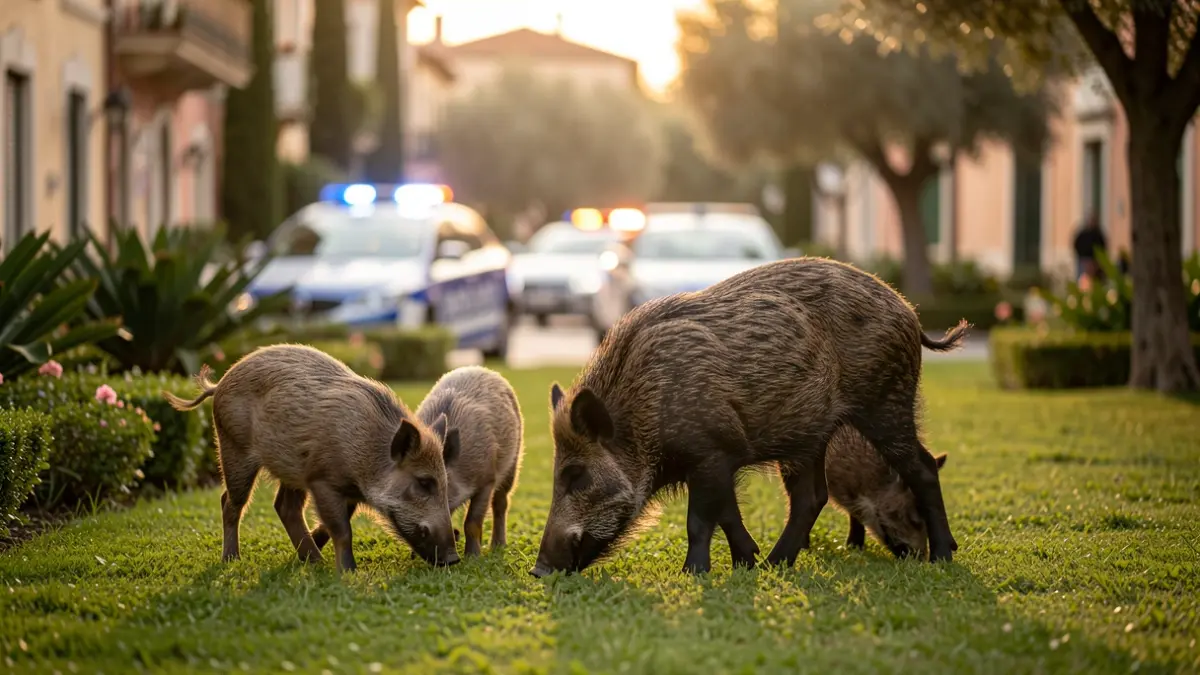 A family of wild boars foraging in a garden area in Terrassa with police lights in the background.