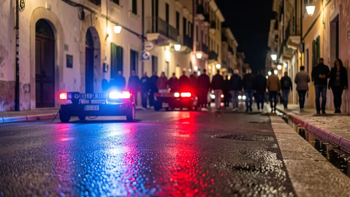 Imagen genérica de luces de emergencia policiales reflejándose en asfalto mojado por la noche.