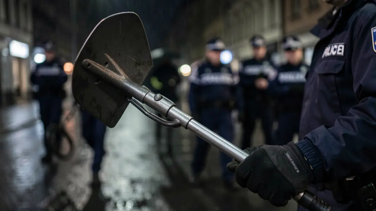 Police metal detector in use during a night raid.