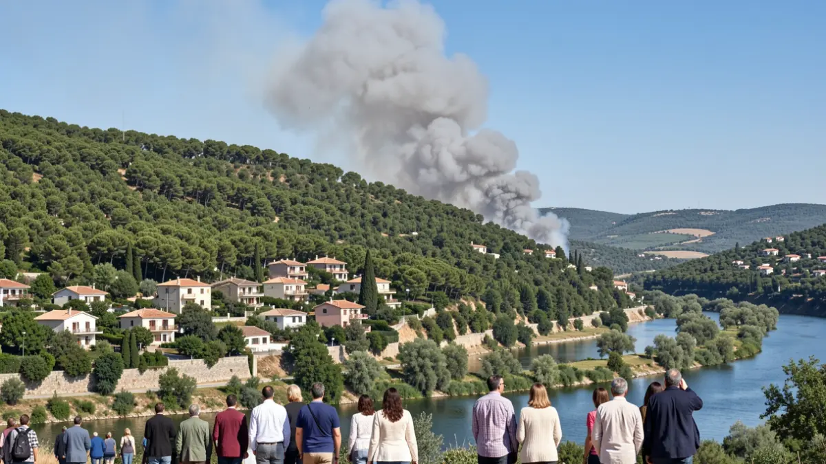 Imatge genèrica d'un incendi forestal amb fum sobre una zona boscosa i edificacions.