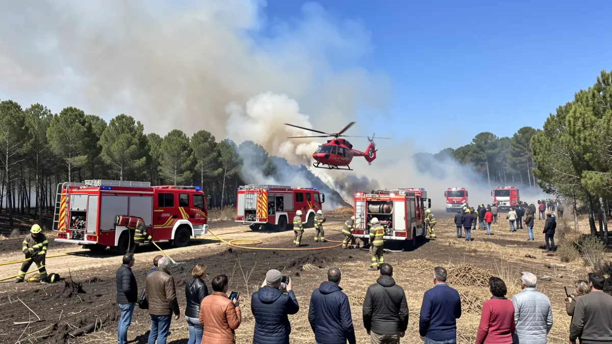 Sis dotacions de bombers i un helicòpter lluiten contra un incendi forestal a prop de Torre-romeu, Sabadell.