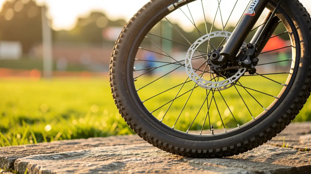 Roda d'una bicicleta de bike trial sobre pedra, amb gespa i arena de competició al fons.