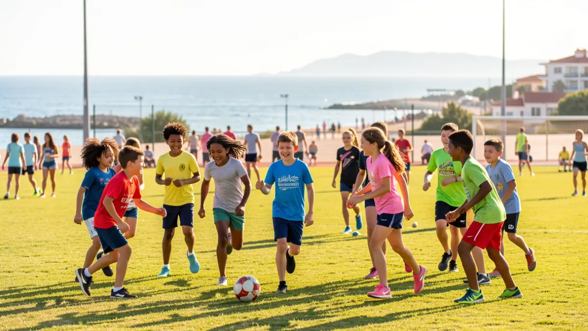 Niños y niñas disfrutando de actividades deportivas inclusivas en un campo de fútbol en Sitges.