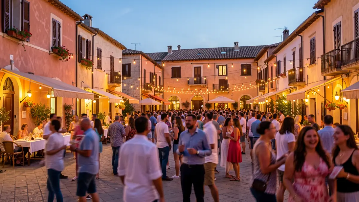 Imagen genérica de una plaza de pueblo mediterráneo durante una fiesta al atardecer.