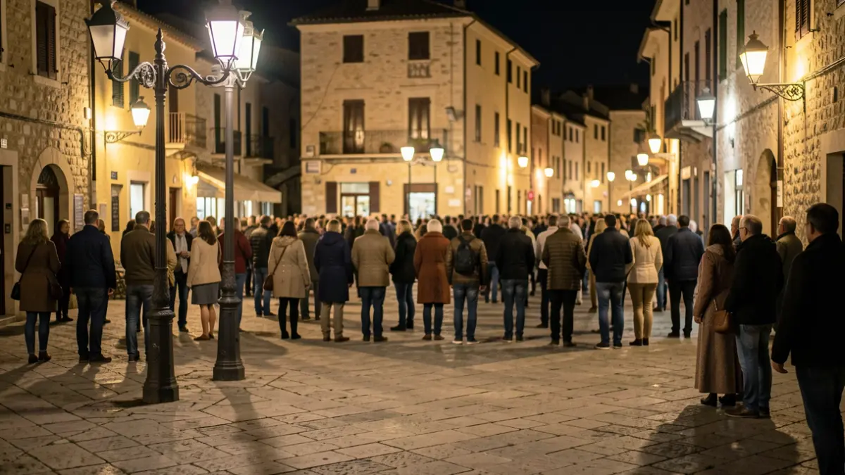 Imatge genèrica d'una plaça de poble mediterrani a la nit amb gent al fons.
