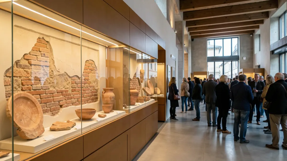 Troballes arqueològiques medievals i romanes exposades a l'interior d'un edifici municipal.
