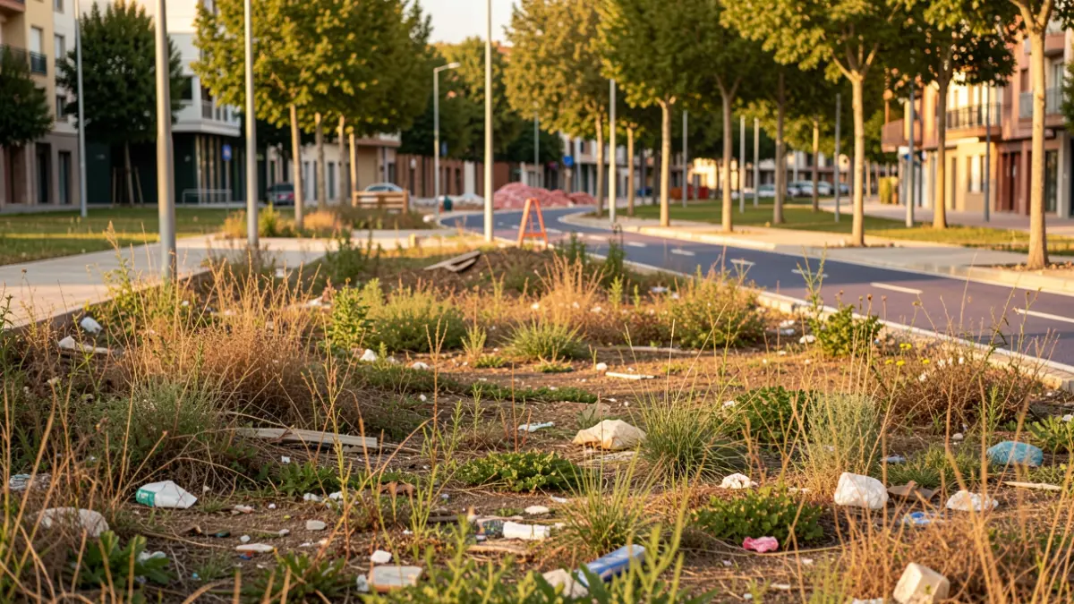 Solar abandonat i brut al costat del Parc sobre les Vies de Lleida, amb restes d'obres.