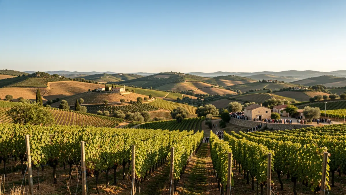 Landscape of vineyards and olive groves in Terra Alta with scattered farmhouses.