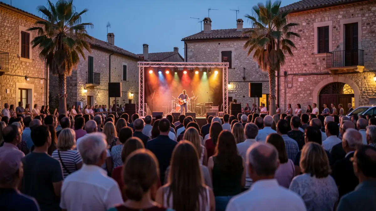 Concierto al aire libre al atardecer en la plaza de un pueblo mediterráneo.