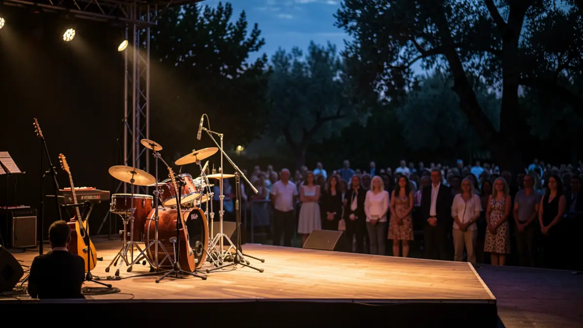 Escenario vacío de un festival de música por la noche.