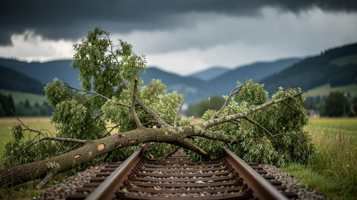 Imagen genérica de un árbol caído sobre vías de tren.