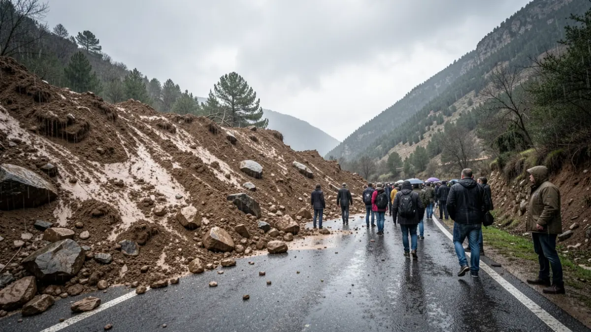 Imagen genérica de un desprendimiento de tierra y piedras cubriendo una carretera en la montaña.