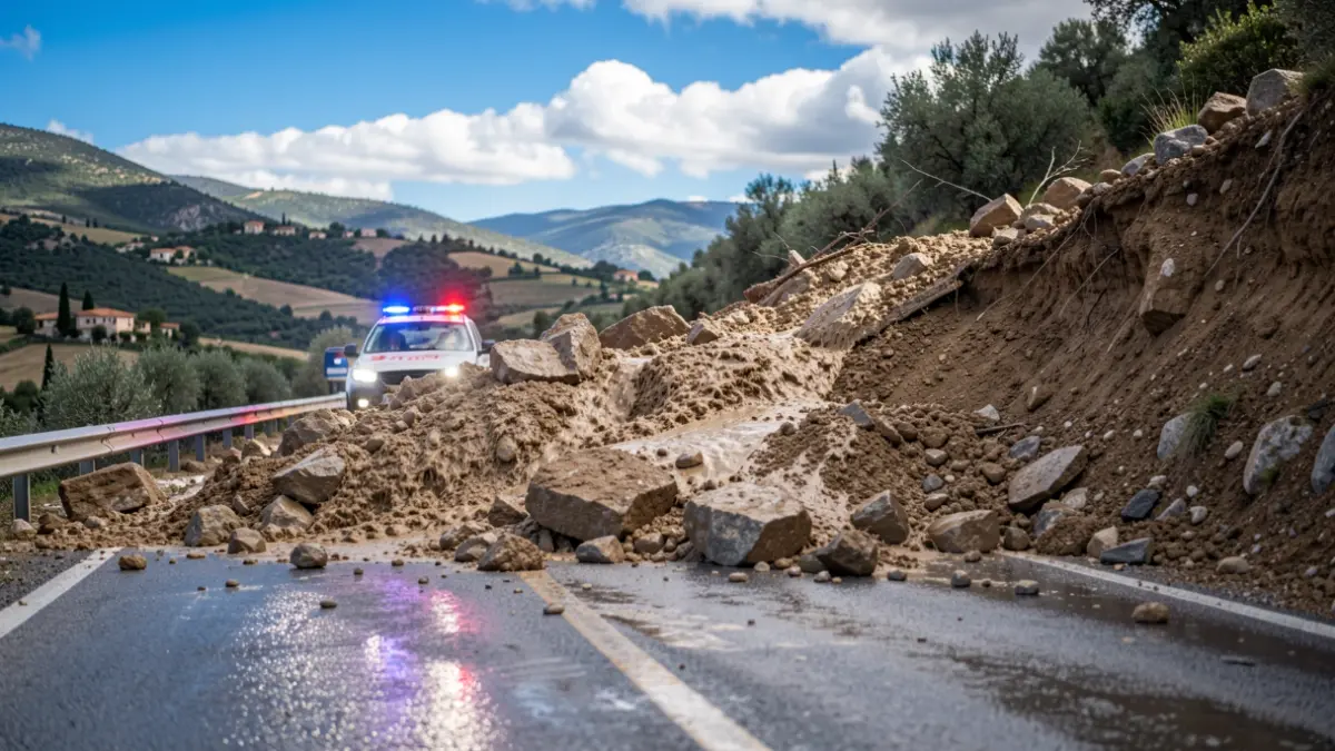Imagen genérica de un desprendimiento bloqueando una carretera de montaña con luces de emergencia.