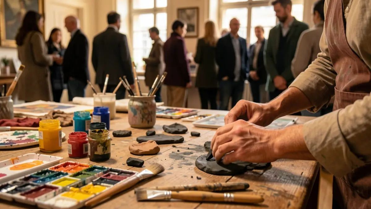Hands exploring art materials like paint, clay, and charcoal on a wooden table.