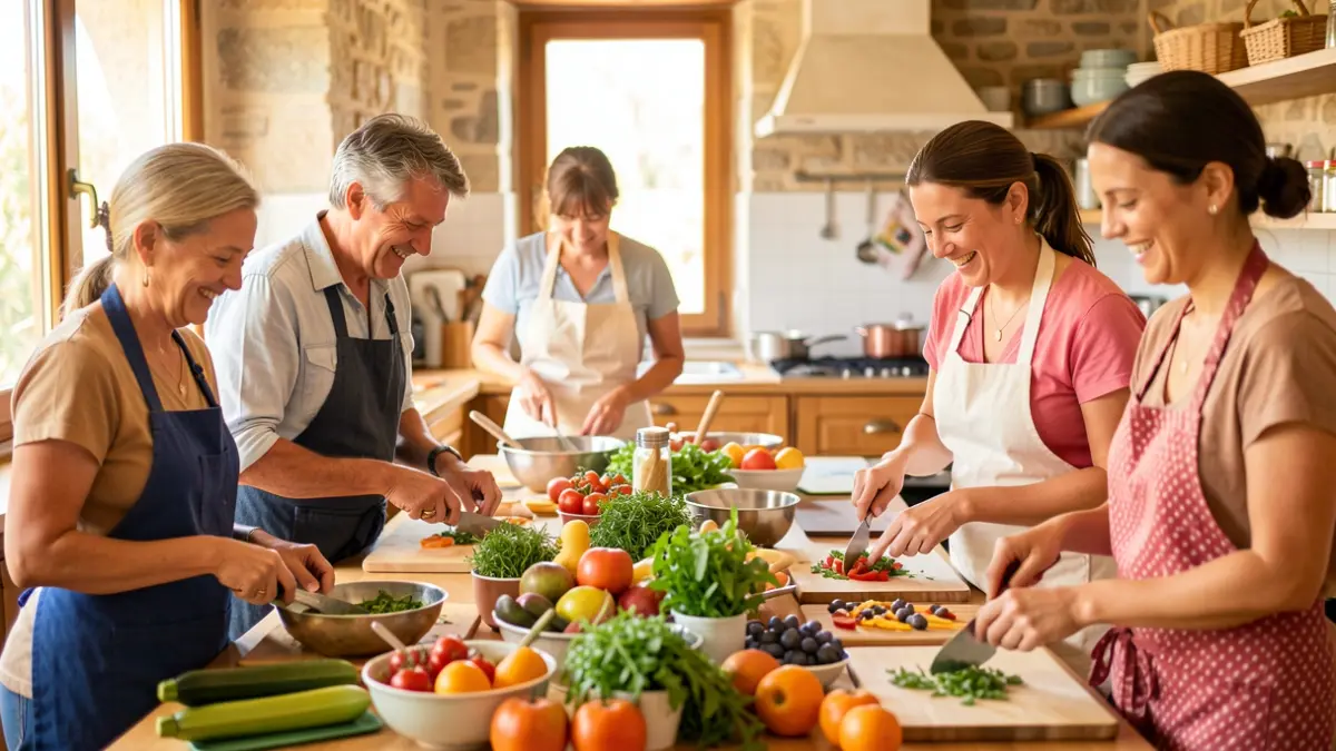 Participantes aprendiendo a cocinar platos saludables de verano en un taller en Sant Joan les Fonts.