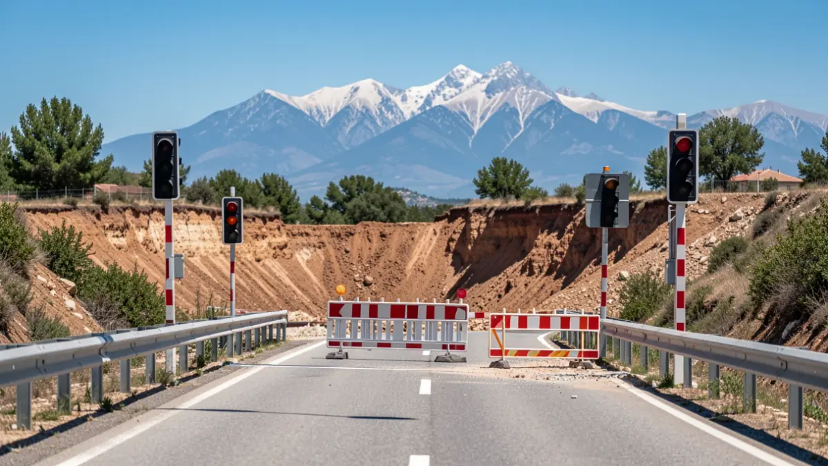 C-28 road in Naut Aran with traffic signs and construction work.