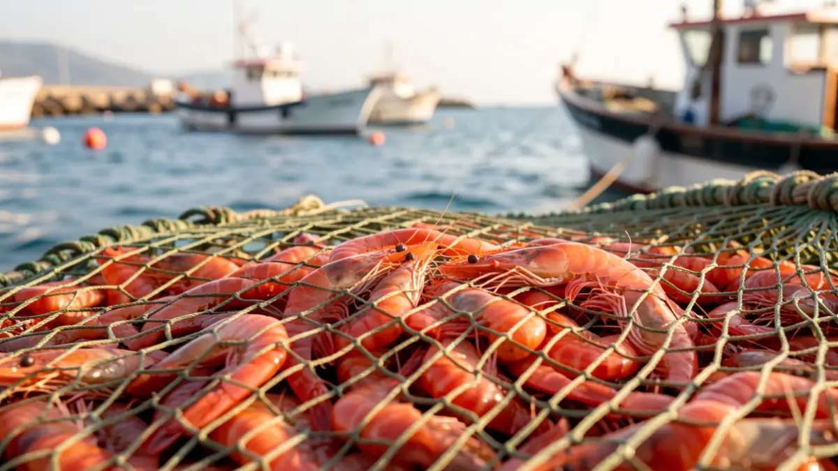 Fishing net full of red prawns with fishing boats in the background.