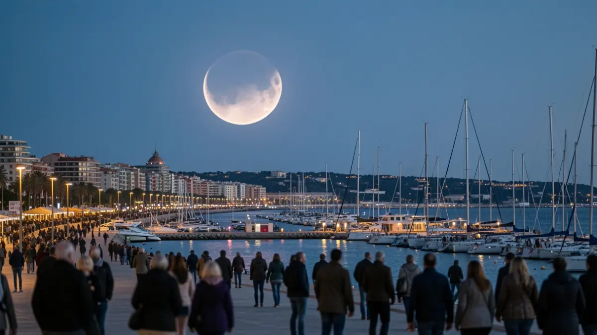 Vista de la costa de Tarragona durant un eclips solar parcial al capvespre, amb la Marina Port Tàrraco il·luminada i gent a la vora.